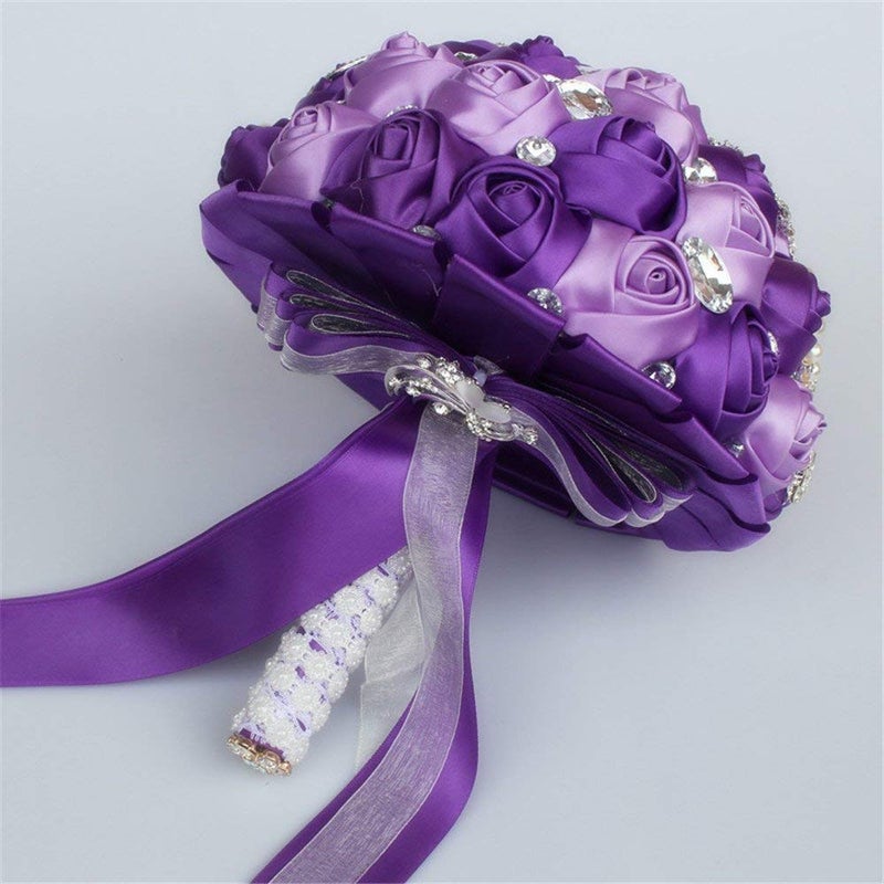 Flonding Wedding Bouquets Crystal Satin Rose Bride Bridal Bouquet Romantic Bridesmaid Holding Flower for Valentine's Day Confession Party Church Decor (Purple Lavender) - Image 3